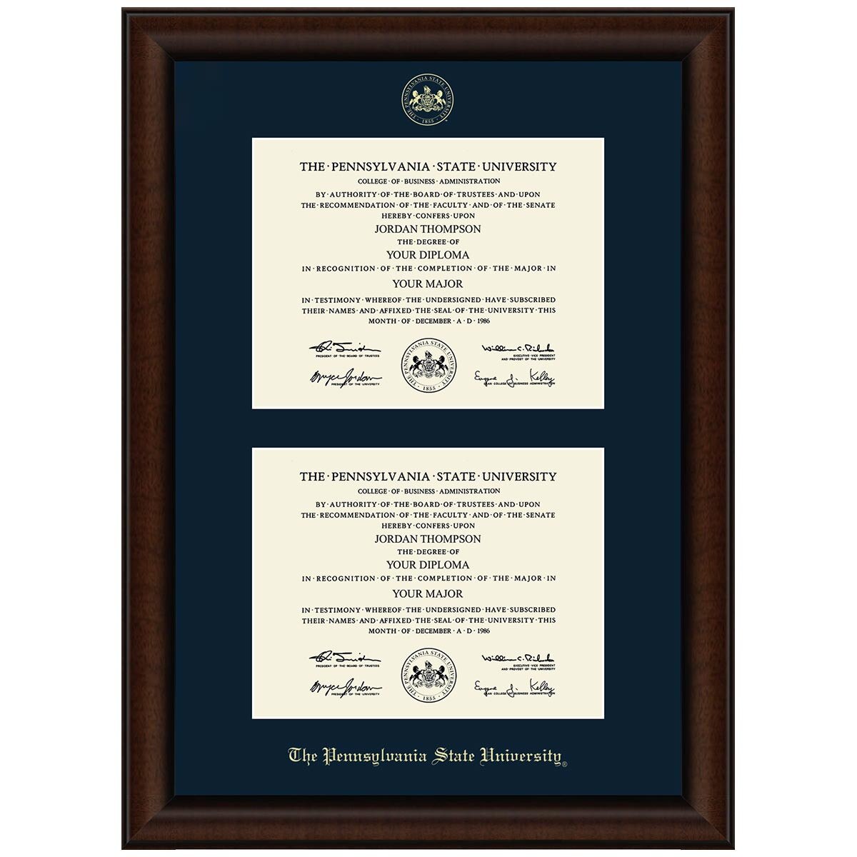 Double Diploma Frame Lenox, Walnut Finish, Gold Embossed Seal The Pennsylvania State University, Navy Mat